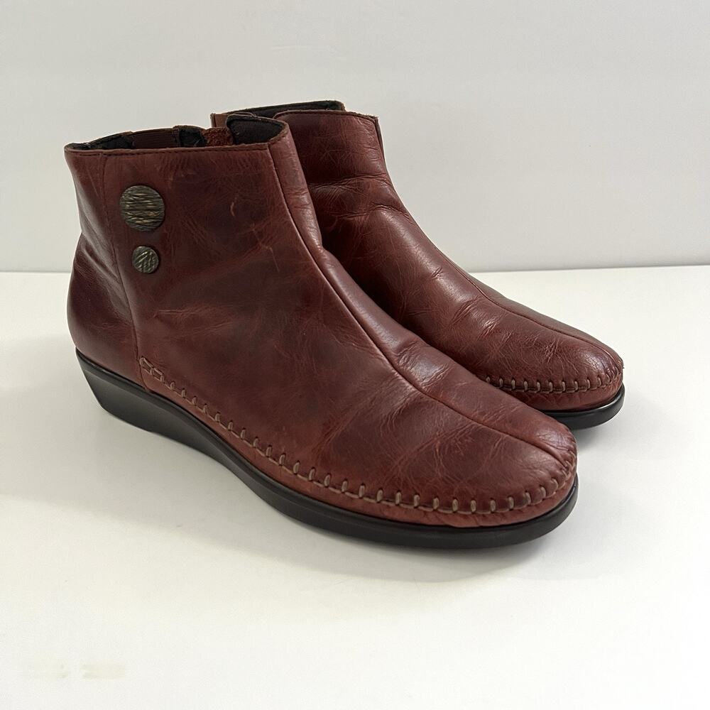 SAS Jade Women Ankle Boot Side Zip Red Chestnut Brown Wedge Heel Leather Shoe 9